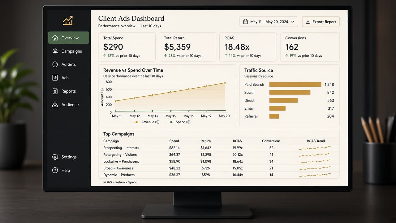 Client dashboard on a monitor: revenue versus spend, traffic mix, and campaign rows.